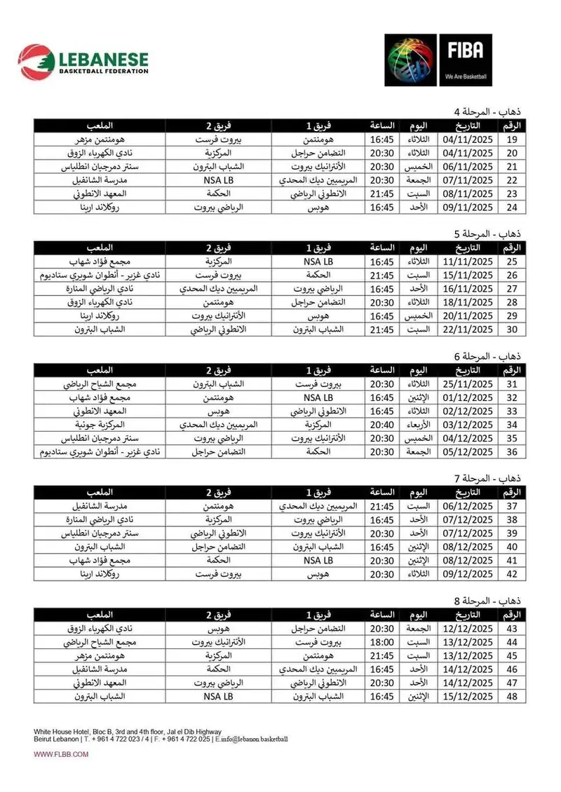 جدول مباريات الدوري المنتظم (مرحلتي الذهاب والإياب) لبطولة لبنان لكرة السلة لموسم ٢٠٢٥-٢٠٢٦