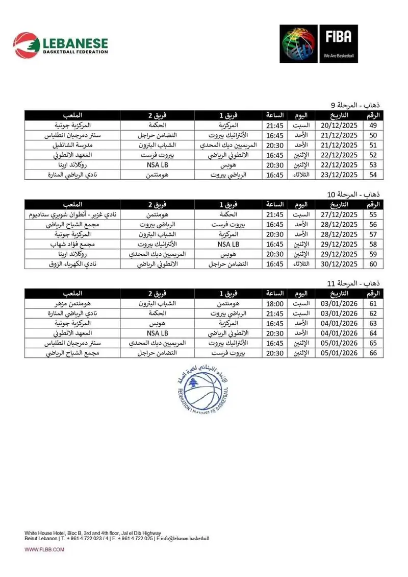 جدول مباريات الدوري المنتظم (مرحلتي الذهاب والإياب) لبطولة لبنان لكرة السلة لموسم ٢٠٢٥-٢٠٢٦