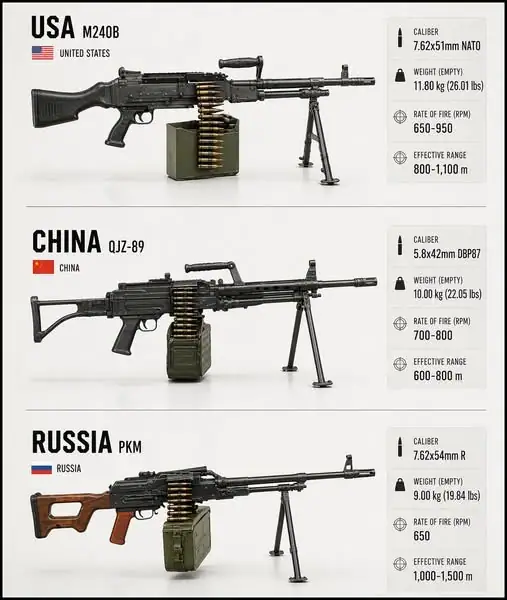 مقارنة رشاشات متعددة الاستخدام: M240B (الولايات المتحدة) || QJZ-89 (الصين) || PKM (روسيا)